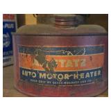 Lot of (6) Vintage Motor Oil Cans (x3), Paint Thinner (x1), Auto Heater (x1)