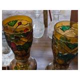 Lot of (3) Vintage 14" Stained Glass Kerosene Oil Lamps