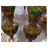 Lot of (3) Vintage 14" Stained Glass Kerosene Oil Lamps