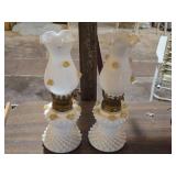 Lot of (2) Vintage 8" Glass Miniature Oil Lamps with 3D Yellow Rose Applique (milk white)