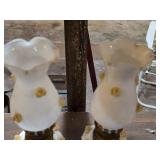 Lot of (2) Vintage 8" Glass Miniature Oil Lamps with 3D Yellow Rose Applique (milk white)