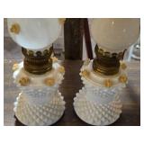 Lot of (2) Vintage 8" Glass Miniature Oil Lamps with 3D Yellow Rose Applique (milk white)
