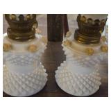 Lot of (2) Vintage 8" Glass Miniature Oil Lamps with 3D Yellow Rose Applique (milk white)