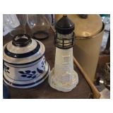 Vintage Pressed Glass Oil/Perfume Bottle, Garden Tea Light / Lantern, Vintage Old Spice Lighthouse Decanter, Ceramic Oil Lamp Base