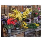 Lot of (1 Table Full) Silk Flowers and Plants, Vases, Pots