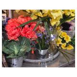 Lot of (1 Table Full) Silk Flowers and Plants, Vases, Pots