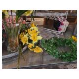 Lot of (1 Table Full) Silk Flowers and Plants, Vases, Pots