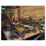 Lot of (1 Table Full) Vintage Tools - Original Corn Husker, Speed Drill, Scraper, Bolt Cutters and more