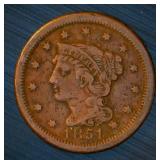 1851 Braided Hair Large Cent VF, Original Surfaces