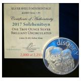 Limited 2017 BU Silver Shield 999 Silver Solzhenitsyn Series #3, 2,000 of 2,025