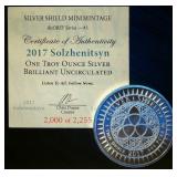 Limited 2017 BU Silver Shield 999 Silver Solzhenitsyn Series #3, 2,000 of 2,025