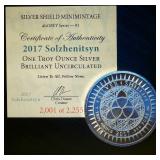 Limited 2017 BU Silver Shield 999 Silver Solzhenitsyn Series #3, 2,001 of 2,025