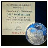 Limited 2017 BU Silver Shield 999 Silver Solzhenitsyn Series #3, 2,002 of 2,025
