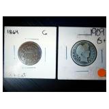 1864 2 Cent Piece + 1909 Barber Quarter