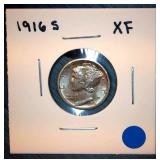 XF 1916 S Mercury Dime, Original Surfaces w/Luster