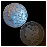 (2) Circulated Silver Morgan Dollars (actual coins pictured)
