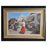 Framed Signed Canvas Print of Women in Village Market by Vizkeleti Witman
