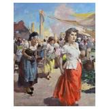 Framed Signed Canvas Print of Women in Village Market by Vizkeleti Witman