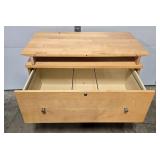 Wooden Two Drawer Filing Cabinet with Raised Top Shelf, 38 in Wide - no key