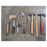 Lot of Hand Tools Including Hammers, Pruners, File, and Measuring Tools