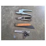 Lot of Hand Tools Including Hammers, Pruners, File, and Measuring Tools