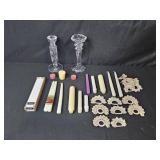 Collection of Crystal Candle Holders, Taper Candles, and Vintage Crochet Napkin Rings