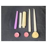 Collection of Crystal Candle Holders, Taper Candles, and Vintage Crochet Napkin Rings