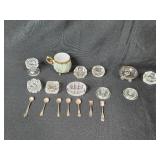 Collection of Sterling Silver Salt Spoons and Cambridge Crystal Salt Cellars - some with lids