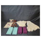 VTG Embroidered Flag Sampler & Home Decor and Linen Lot: Doilies, Napkins, Pine Cones, Fall Accents