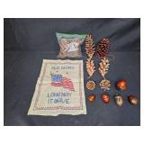 VTG Embroidered Flag Sampler & Home Decor and Linen Lot: Doilies, Napkins, Pine Cones, Fall Accents