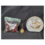 Brass Bell, Holiday Decor Lot with Acorn Figures, and Illuminated Winter Scene