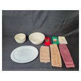 Pottery Barn Platter, Mason Cash Mixing Bowls and Assorted Hand Towels Set