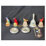 Bird Themed Collectibles Lot: Feathered Friends Figurines, Leften China Bell, Wildlife Ashtrays