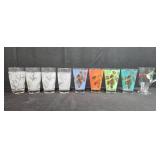 Set of Vintage Drinking Glasses with Leaf and Hummingbird Designs