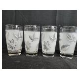 Set of Vintage Drinking Glasses with Leaf and Hummingbird Designs