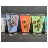 Set of Vintage Drinking Glasses with Leaf and Hummingbird Designs