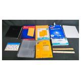Assorted Office Supplies Lot Including Paper, Envelopes, Rulers, and Binder - contents unverified