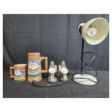Mixed Decor Lot with Mariners Inn Mugs, Stone Bookends, and Desk Lamp