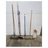 Lot of Brooms, Shovel, and Vintage Garden Sprayer