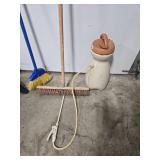Lot of Brooms, Shovel, and Vintage Garden Sprayer