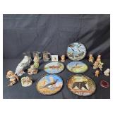 Wildlife Collector Lot: Owl Figurines, Decorative Plates, and Glass Mugs
