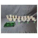 Collection of Vintage Pressed Glassware Goblets, Tumblers, and Green Serving Tray