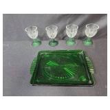 Collection of Vintage Pressed Glassware Goblets, Tumblers, and Green Serving Tray