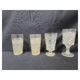 Collection of Vintage Pressed Glassware Goblets, Tumblers, and Green Serving Tray