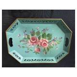 Collection of Vintage Perfume Bottles, Talc Tins, and Pilgrim Art Hand Decorated Tole Tray