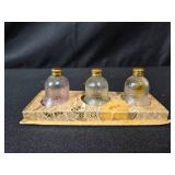 Collection of Vintage Perfume Bottles, Talc Tins, and Pilgrim Art Hand Decorated Tole Tray