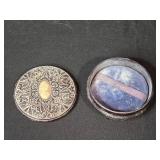 Collection of Vintage Perfume Bottles, Talc Tins, and Pilgrim Art Hand Decorated Tole Tray