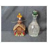 Vintage Collectibles Lot with Glass Decanter, Wild Cat Juice Jug, Ceramic Pony, Miniature Mugs, Spoons, and Kennedy Shakers