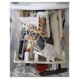 Plastic Storage Drawer Tower Filled with Assorted Tools and Hardware