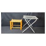 Wooden Woven Stool and Metal Folding Side Table Set